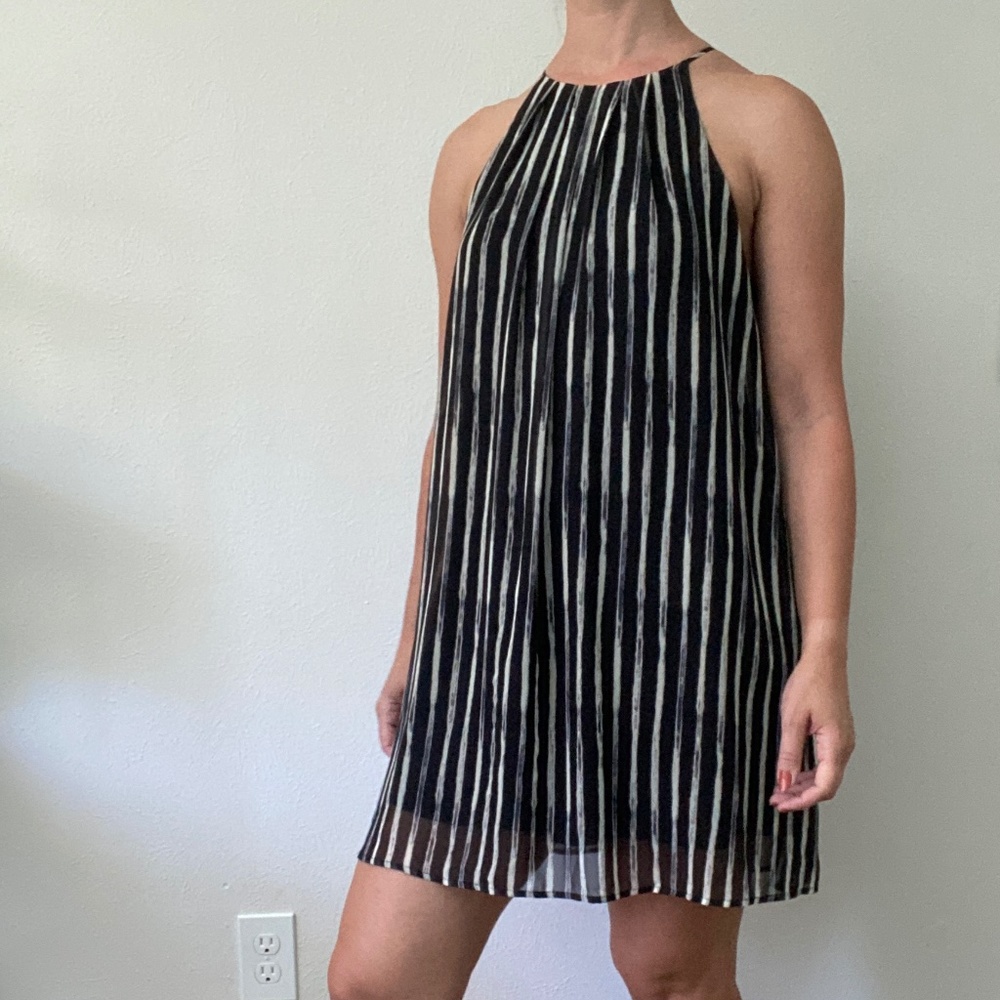 Lush Striped Black White Purple Sleeveless Halter Short Trapeze Dress - S/M